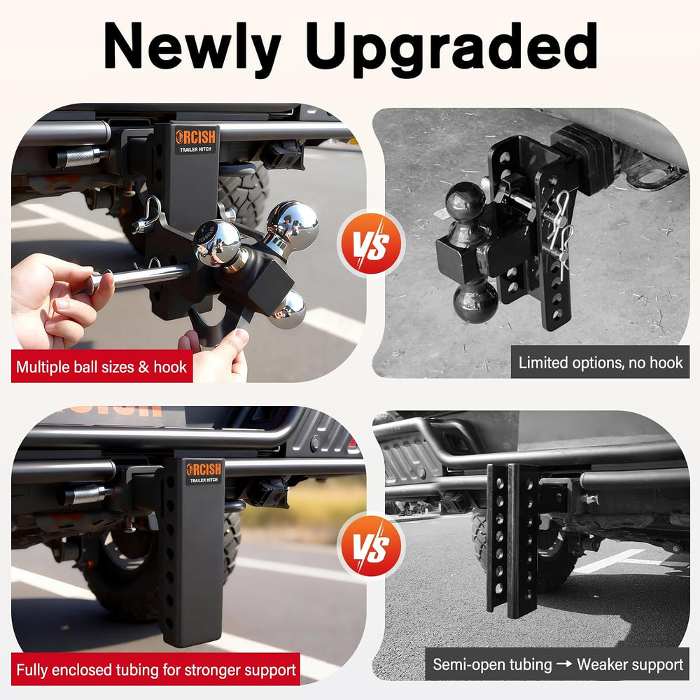 Adjustable Trailer Hitch, 360° Swivel Tri Ball Mount with Tow Hook & Lock
