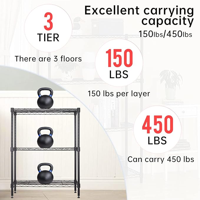BestOffice 3-Shelf Adjustable Metal Storage Shelves Wire Shelving Unit