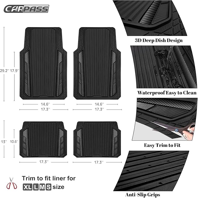 CAR PASS Heavy Duty Rubber Car Mats Metallic, Aluminum Film All Weather Floor...