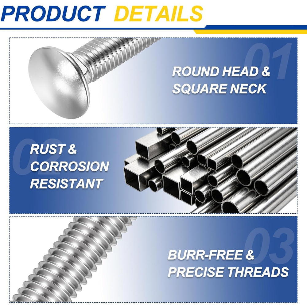 25Pcs 3/8"-16x2 Carriage Round Head Square Neck Bolt 304SS