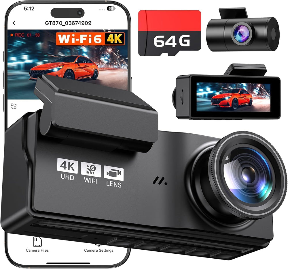 Dashcam Front and Rear Camera, 4K Dash Cam with 64GB Card, Black