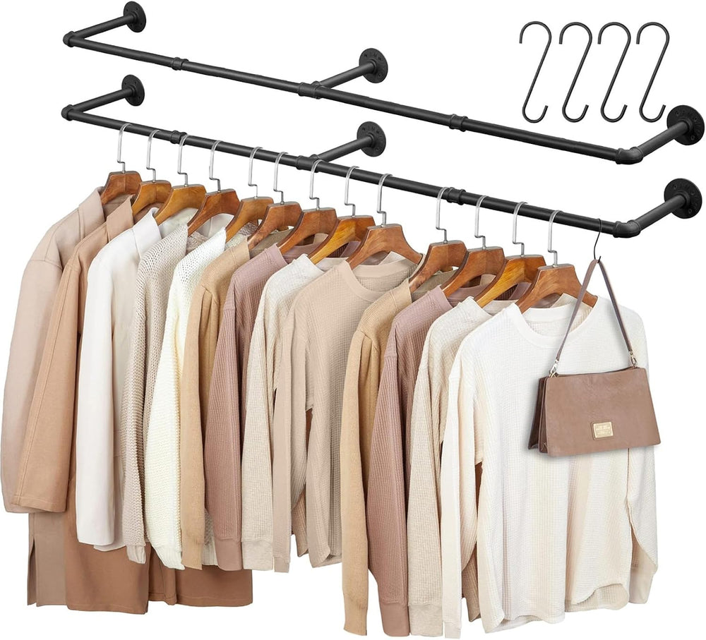 Industrial Pipe Clothing Rack, 66.1" Wall Mounted Clothes Rack Set of 2,...