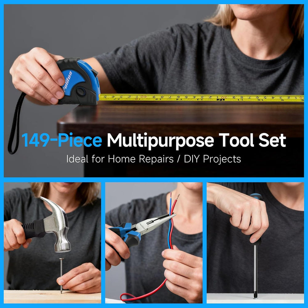 PULITUO Tool Set, 149-Piece Home Drill Set with Blue 12V Cordless Drill, Tool...