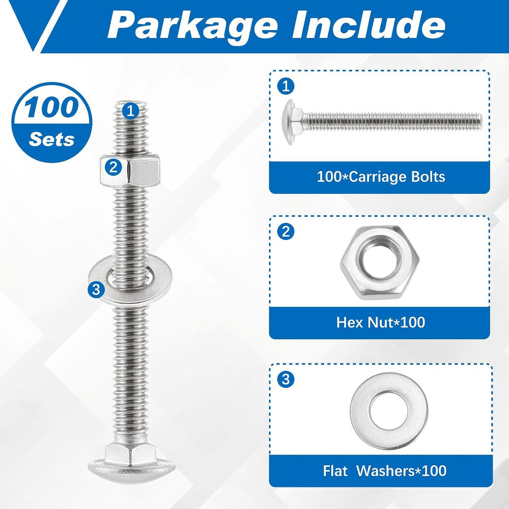 Zonon 100 Sets 5/16-18 x 2-1/2" Carriage Bolts and Nuts Kit,Silver