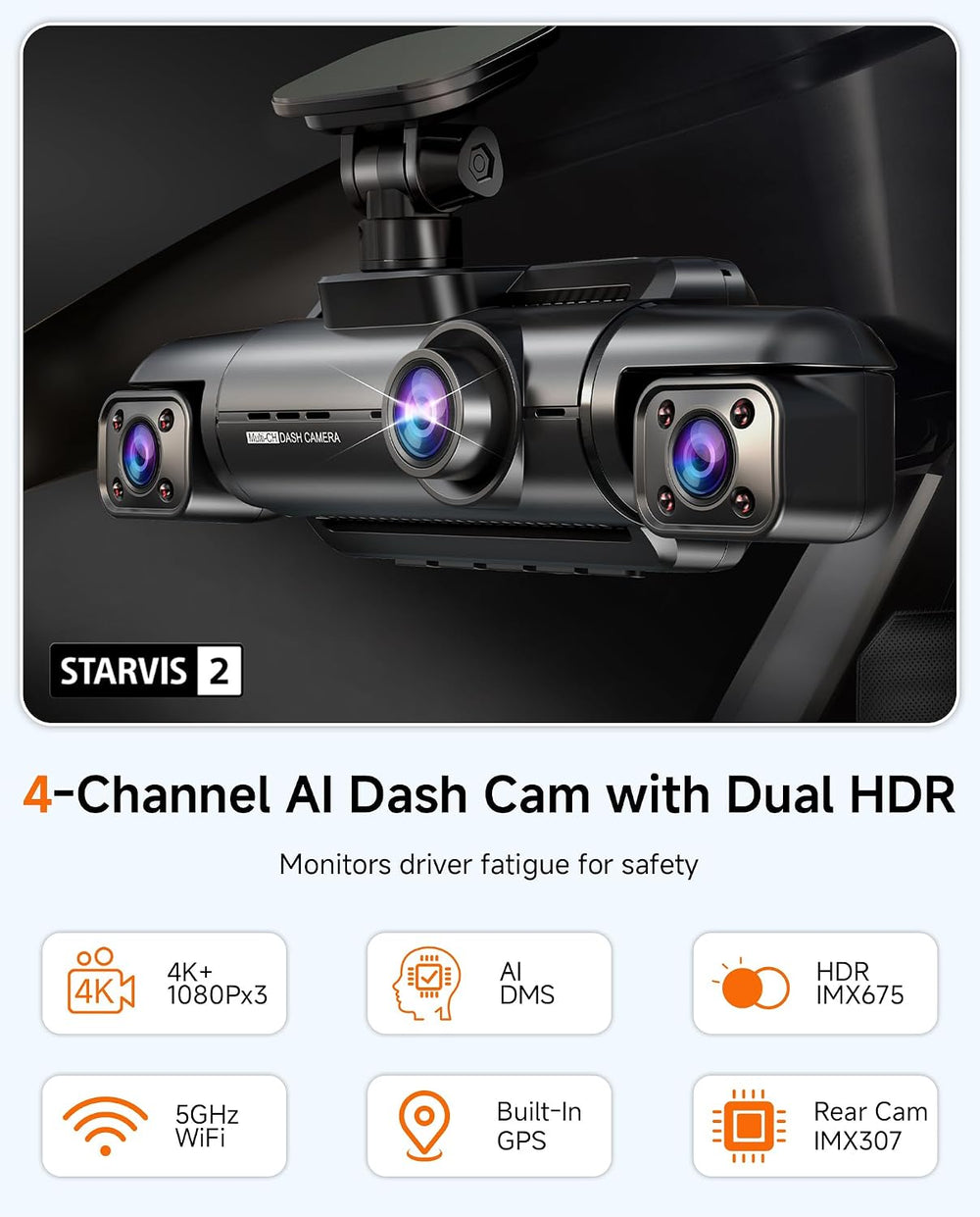 4K Dash Cam Front and Rear, STARVIS 2 Sensor Dash Camera for Cars