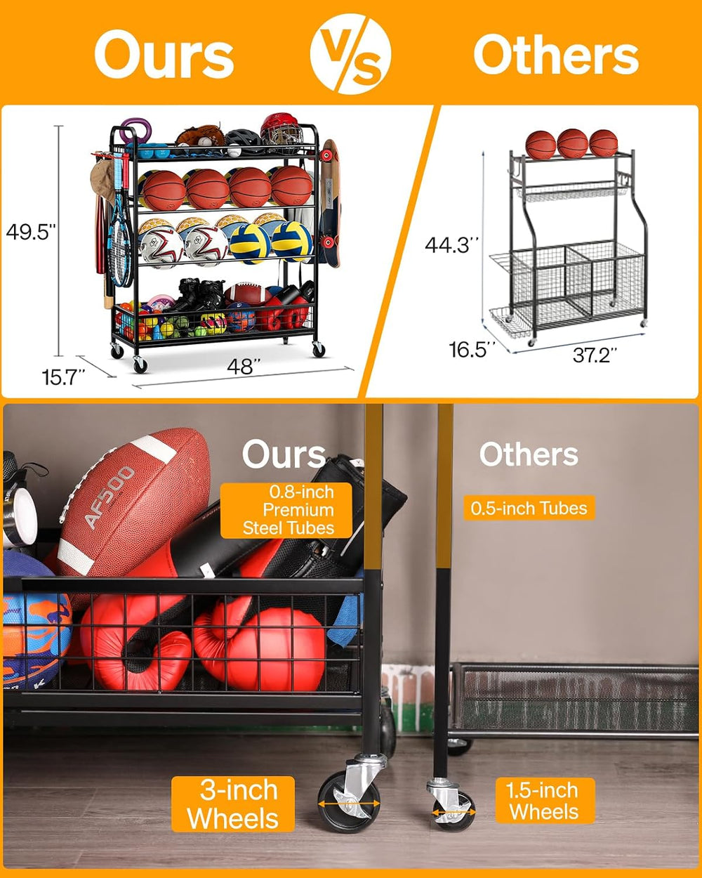 Garage Sports Equipment Organizer - Rolling Ball Storage with Wheels