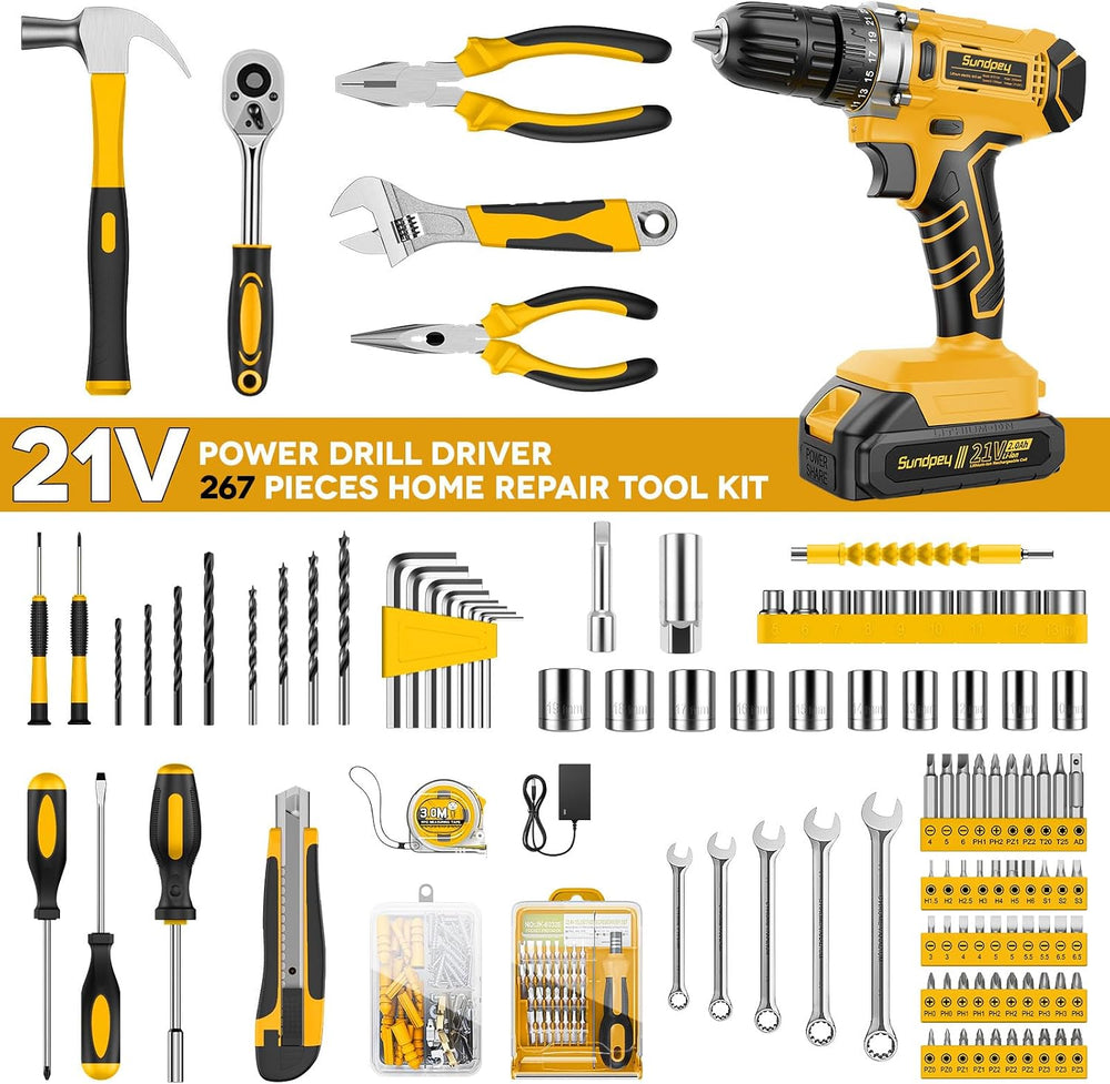 Sundpey 267 Pcs Tool Kit Set for Home with 21V Cordless Drill & Drawer Case