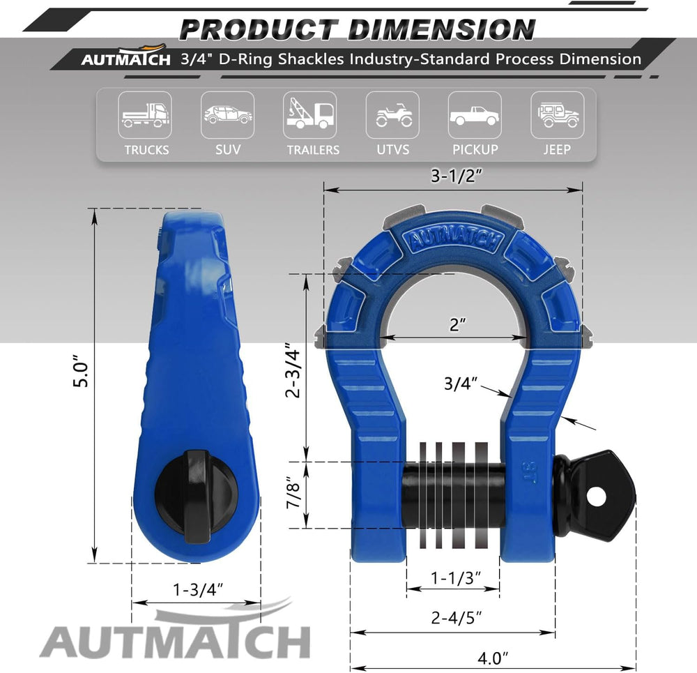 AUTMATCH 3/4" Mega D Ring Shackles (2-Pack) - 68,000 lbs Break Strength