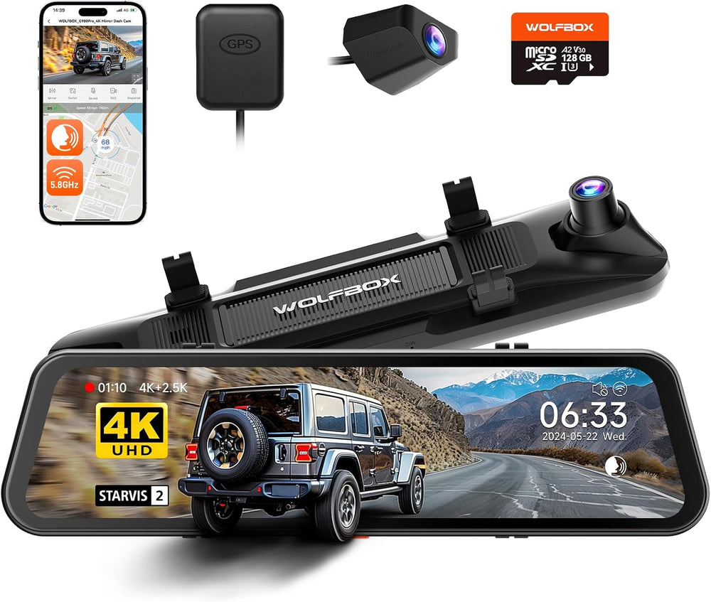 WOLFBOX G900 PRO Mirror Dash Cam with 8MP STARVIS IMX678,Front 4K Rear 2.5K