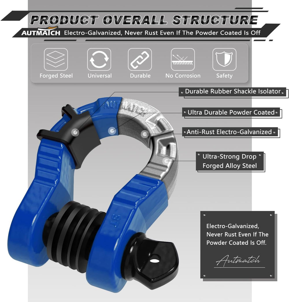 AUTMATCH 3/4" Mega D Ring Shackles (2-Pack) - 68,000 lbs Break Strength