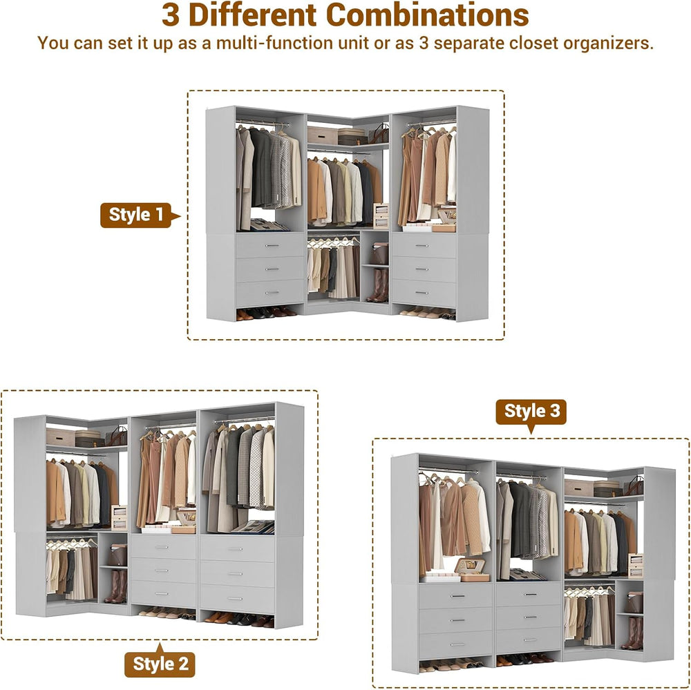 Aheaplus Closet System with 6 Drawers, 4 Hanging Rods & Corner Tower, Cor...