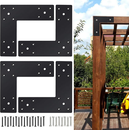 Pergola Flat Brackets 10" x 10",L-Shape Straight Joining Brackets for 4 x 4 or 6 x 6 Lumber,Heavy Duty Mending Plate for Gazebo,Porch,Truss Framing,Log Cabins - 4Pack