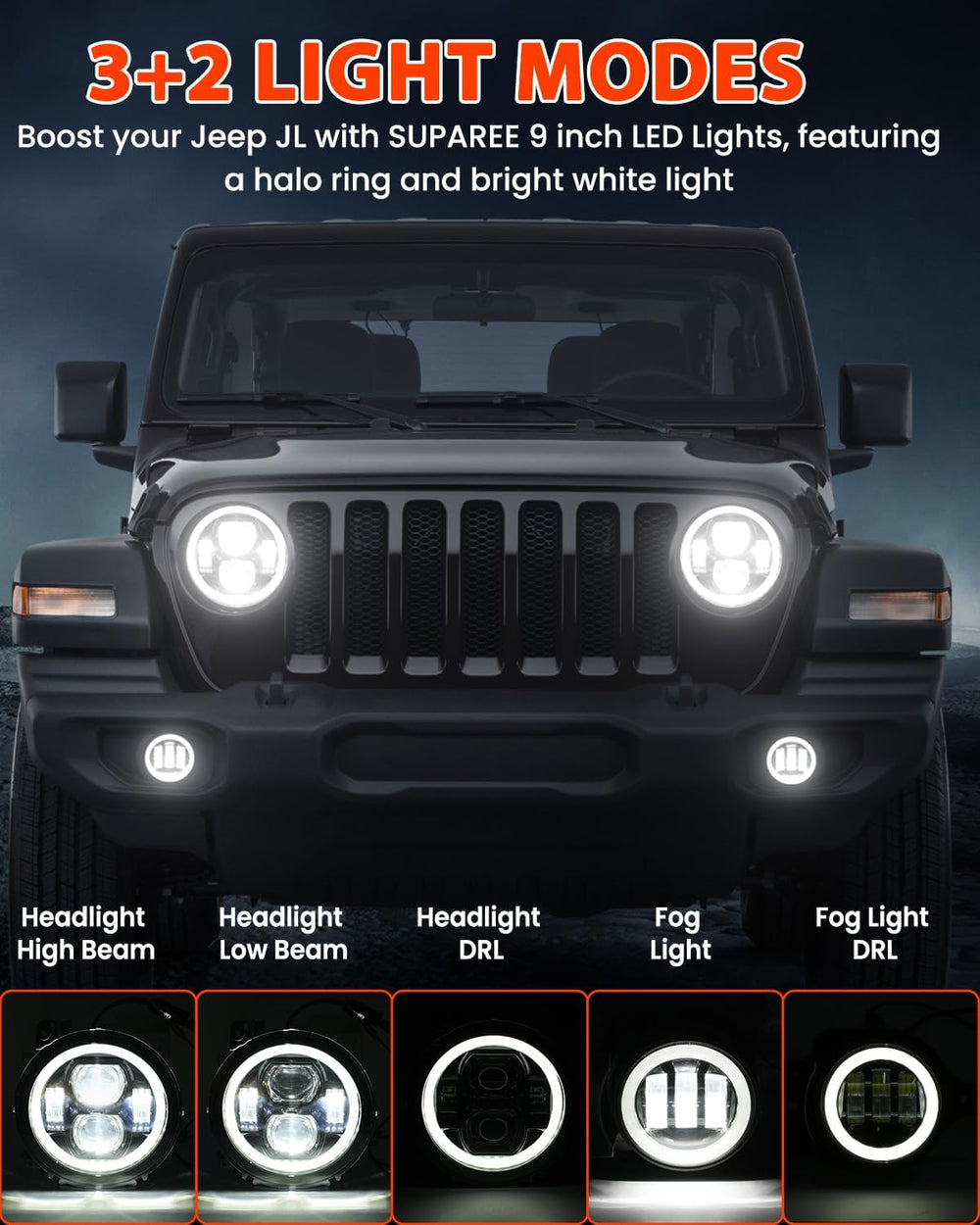 SUPAREE DOT 9 Inch Round LED Headlights and 4 Inch Fog Lights Combo