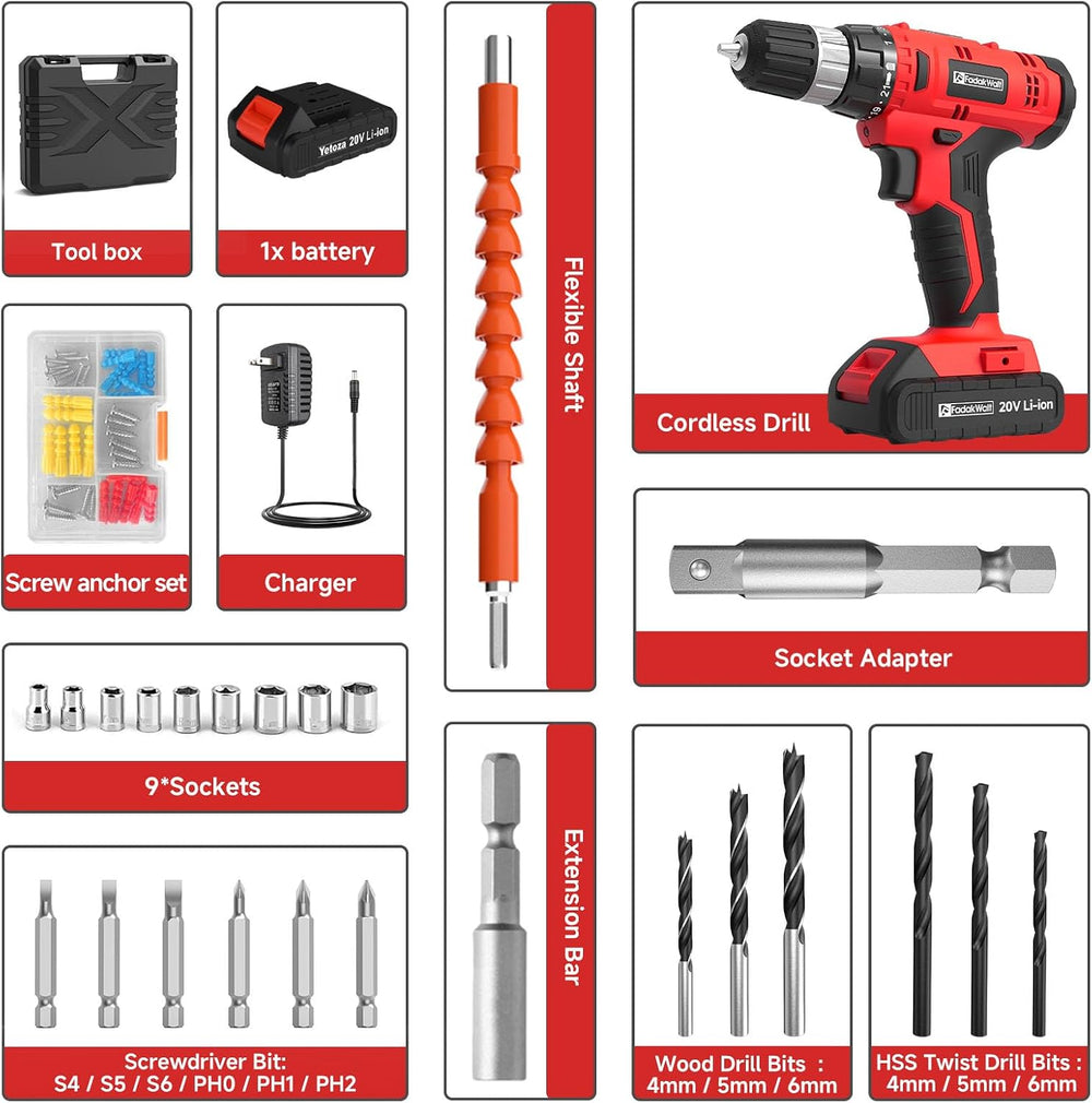 FADAKWALT Cordless Drill Set, 20V Electric Power Drill With Battery And Charg...