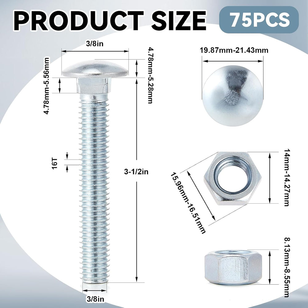 Yaocom 75 Pack Carriage Bolts with Nuts 3/8 x 3-1/2 Inch, Silver