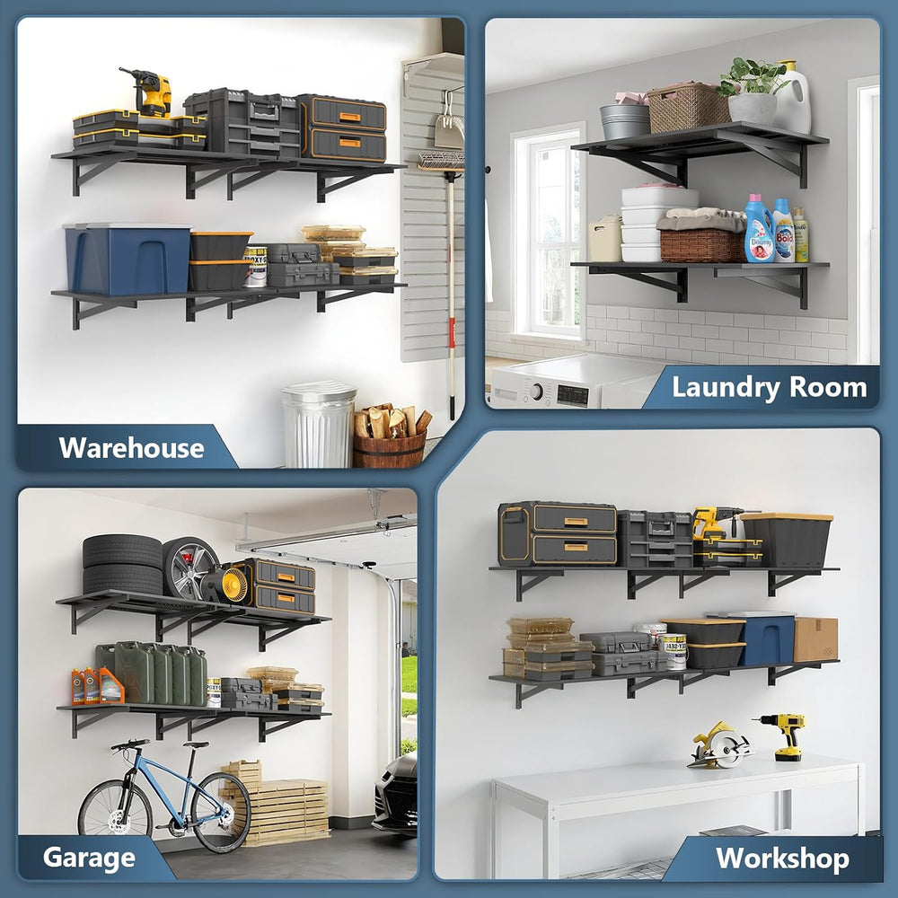4 Pack Garage Shelving Wall Mounted, 2x3ft, 1400LBS Integrated Grid