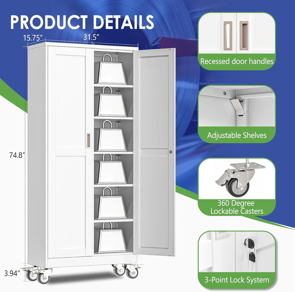 75" Metal Garage Storage Cabinet with Wheels and Locking Doors and Tall ...