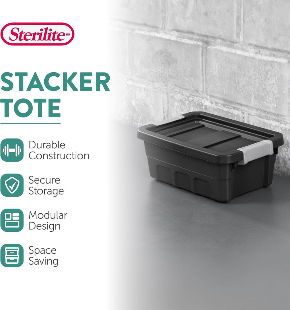 Sterilite Stacker Tote with Latching Lids for Garage, 4 Gallon, 6-Pack