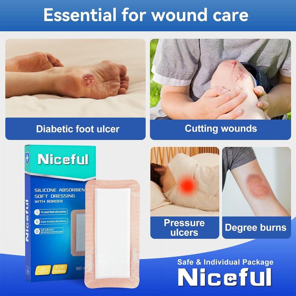 Super Absorbent Silicone Dressing 4"x8" 15Pcs for Post Surgery
