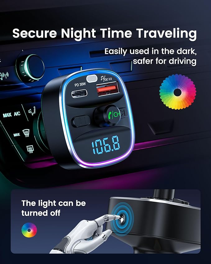 LENCENT Bluetooth 5.4 FM Transmitter Car Adapter 48W Wireless Radio Music