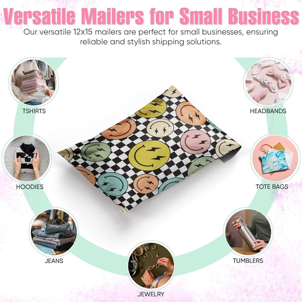 12x15 Poly Mailers, Smiles Checkerboard Shipping Bags,100 Pack