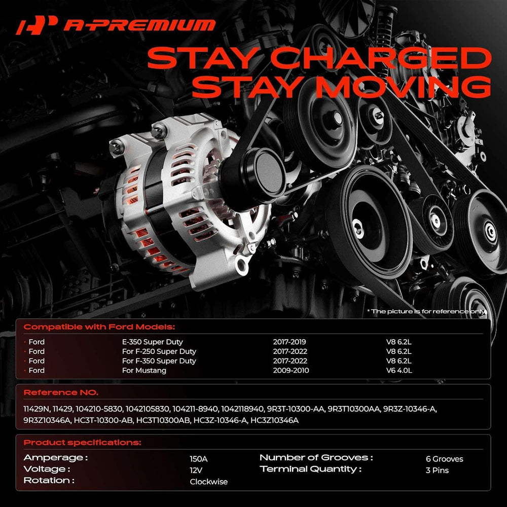 A-Premium Alternator, 12V 150A 6-Groove Pulley CW, Compatible with Ford