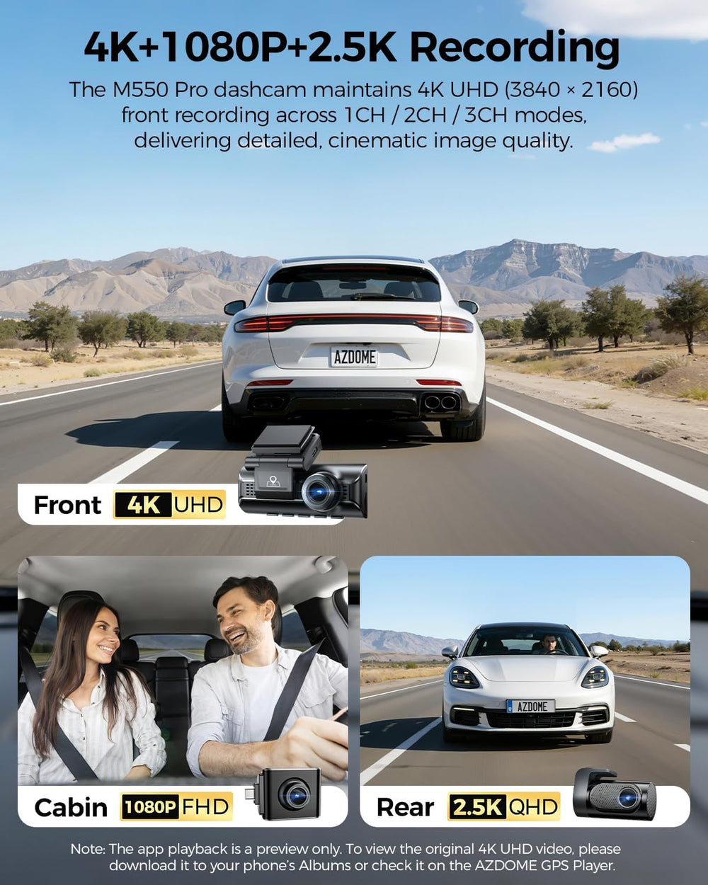 AZDOME 3 Channel Dash Cam Front and Rear Inside, 4K+1080P+2.5K ADAS Dash Cam,...