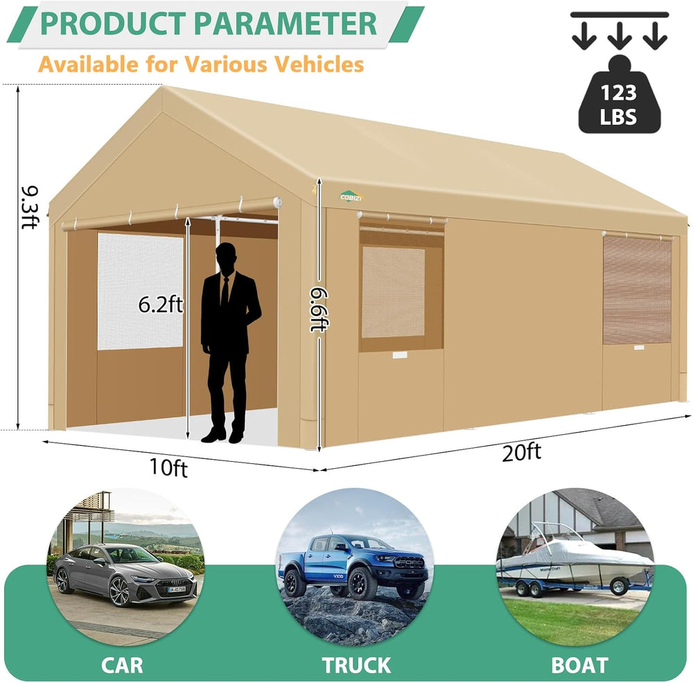 COBIZI Carport 10'x20' Heavy Duty Portable Garage, 2.0 Powder Coated ...