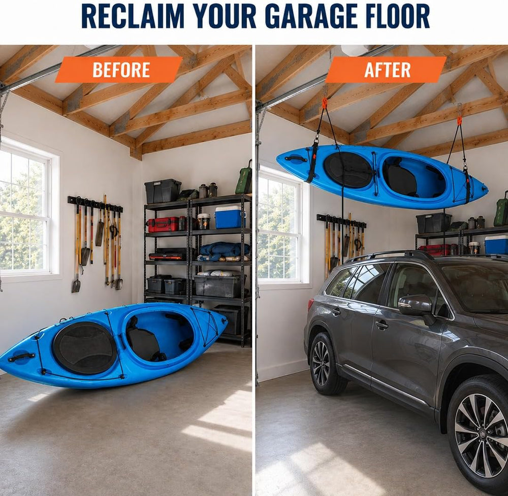 Tie Boss Kayak Hanger, Kayak Hoist & Overhead Garage Ceiling Storage System