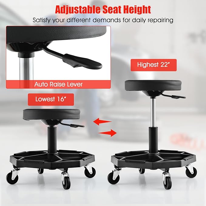 IRONMAX Rolling Mechanic Stool, Adjustable Shop Stool Creeper Seat