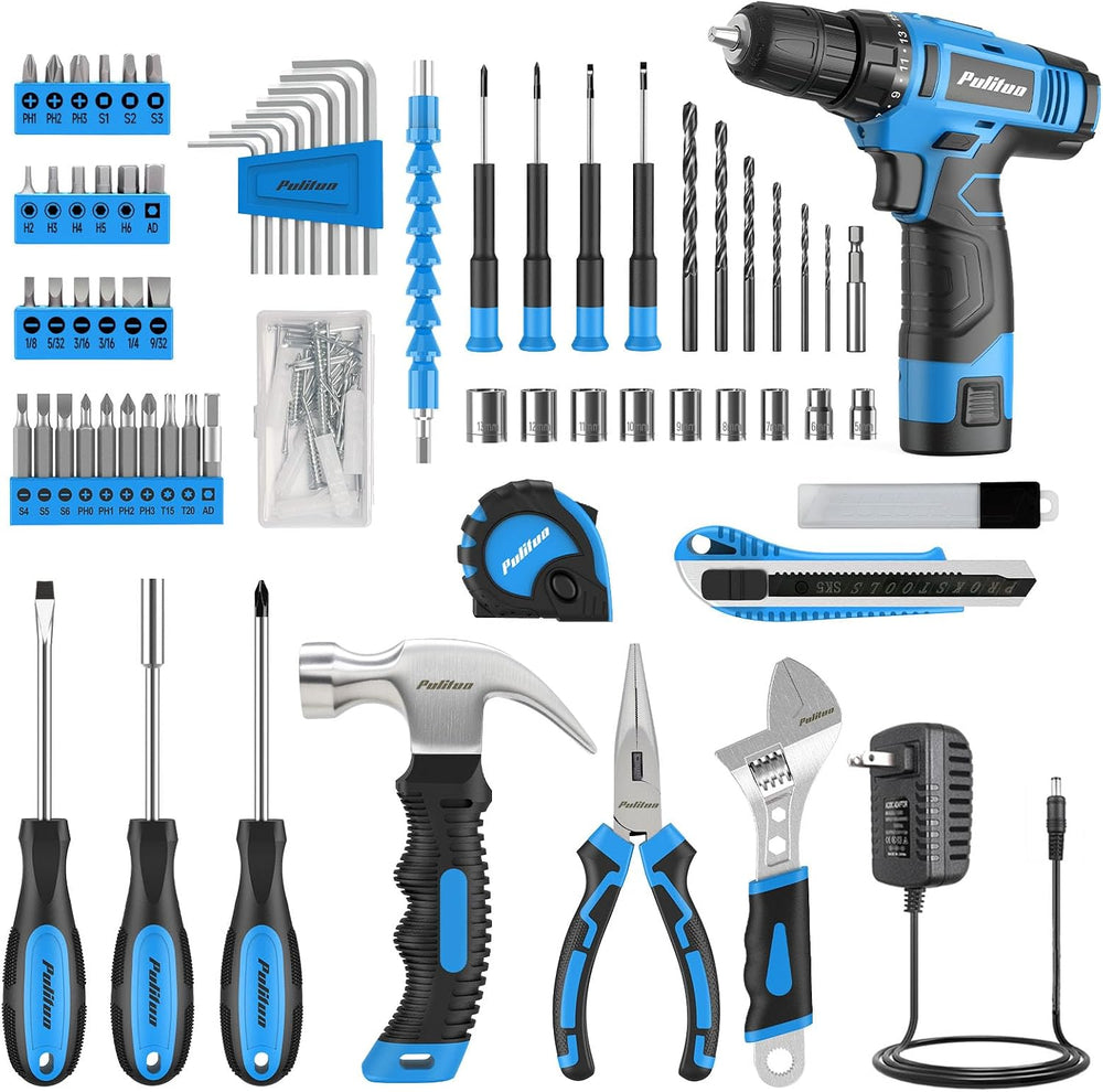 PULITUO Tool Set, 149-Piece Home Drill Set with Blue 12V Cordless Drill, Tool...