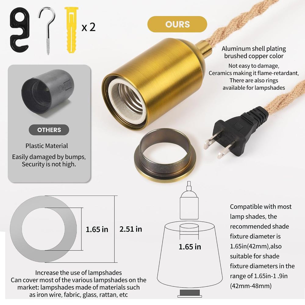 Pendant Lamp Cord 15FT Hemp Rope, Plug in Light Kit, 2-Pack