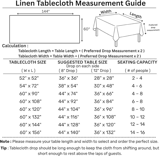Solino Home Linen Tablecloth for Rectangle Tables 60 x 144 Inch - 100% Pure L...