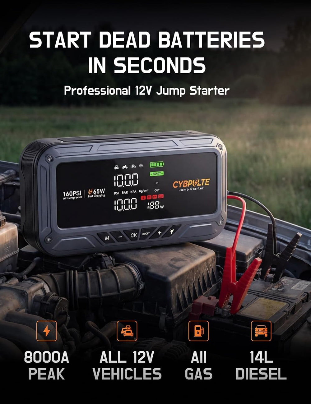 Jump Starter with Air Compressor 8000A 160 PSI,65W Charge