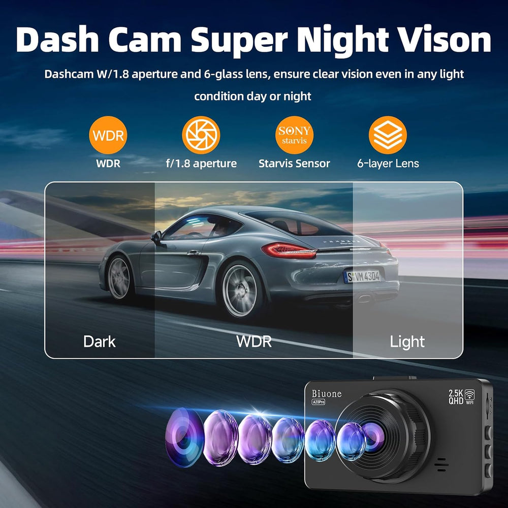 Dash Cam Front and Rear, 2.5K+1080P, WiFi App, 64GB Card