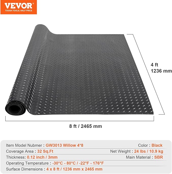 VEVOR Diamond-Plate Flooring Roll, SBR Rubber Mat, Gym & Garage Industry