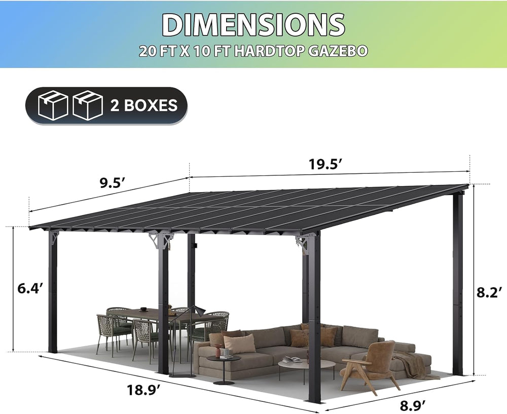 Aoxun Gazebo with Aluminum Frame & Polycarbonate Panel 20’x10’ Black