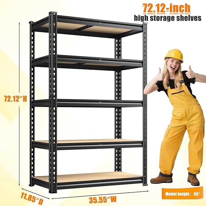 72.12" H Garage Shelving, Storage Shelves Load 2100LBS, 5-Tier Adjustabl...