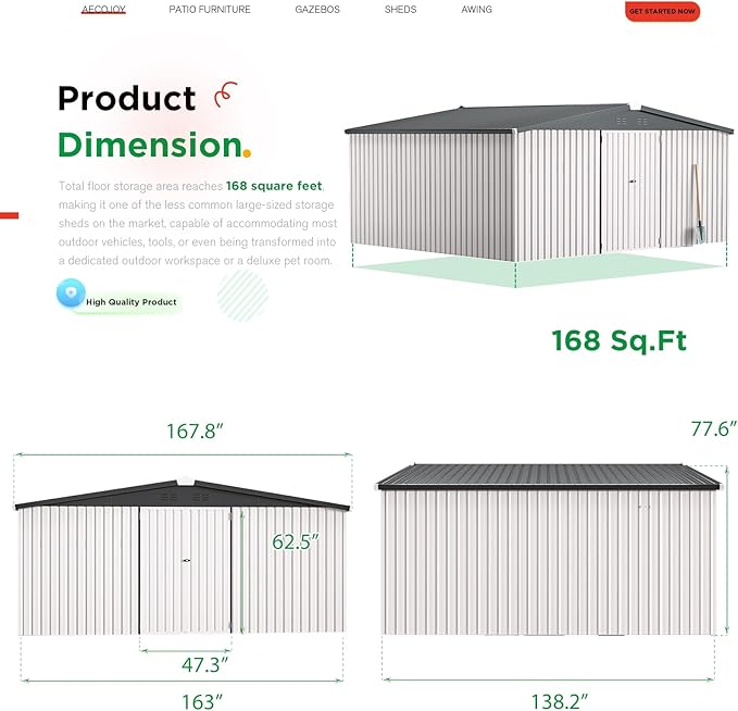 AECOJOY 14' x 12' Outdoor Storage Shed, Large 12x14 Metal Sheds &...