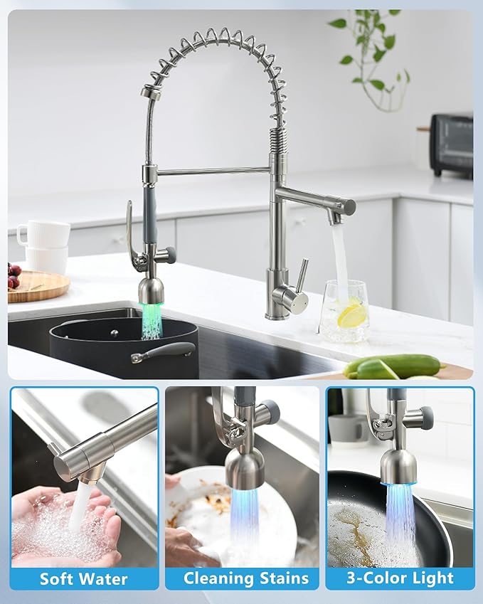 Fapully Commercial Single Handle Pull Down Sprayer Brushed Nickel Kitchen Faucet