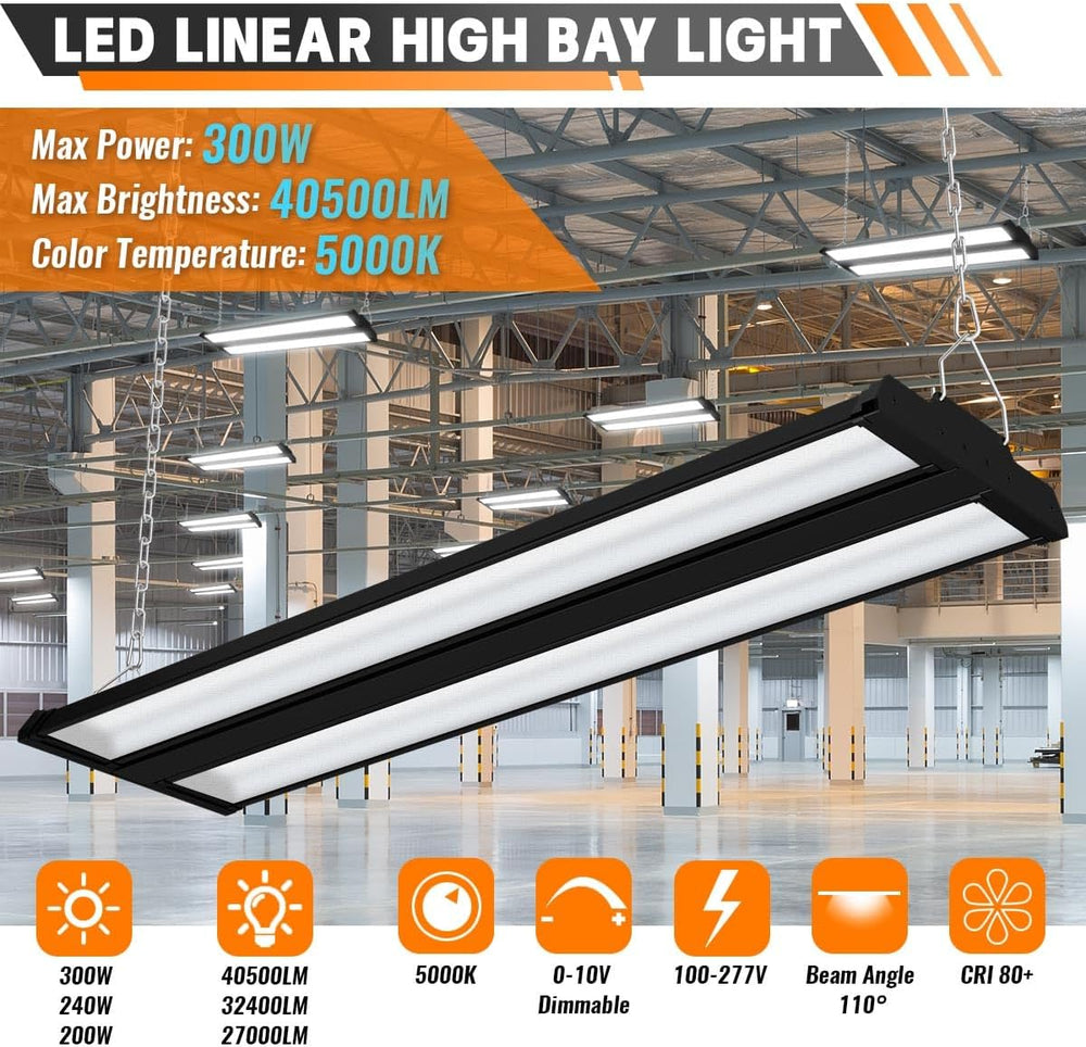 LED Linear High Bay Shop Light 2-Pack, 5000K Daylight 300W 40500LM 0-10V Dimm...