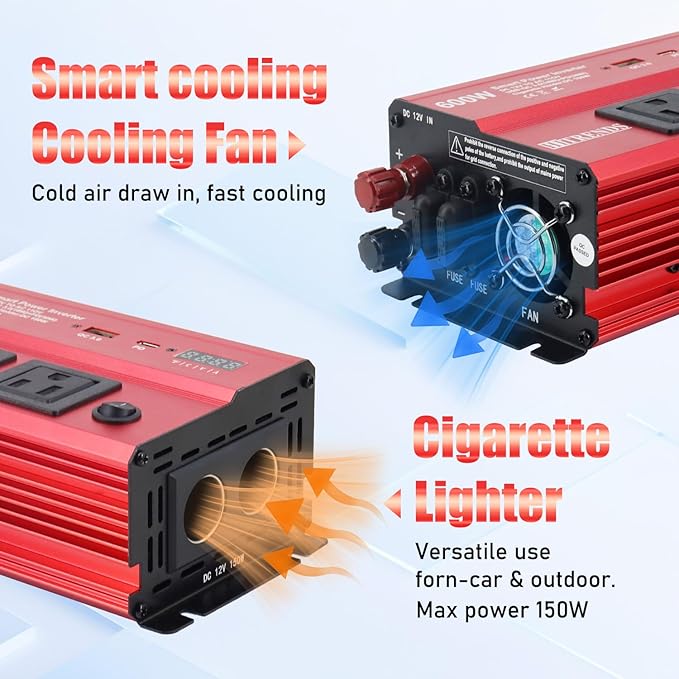 HITRENDS 600W Car Inverter, 12V DC to 110V AC,