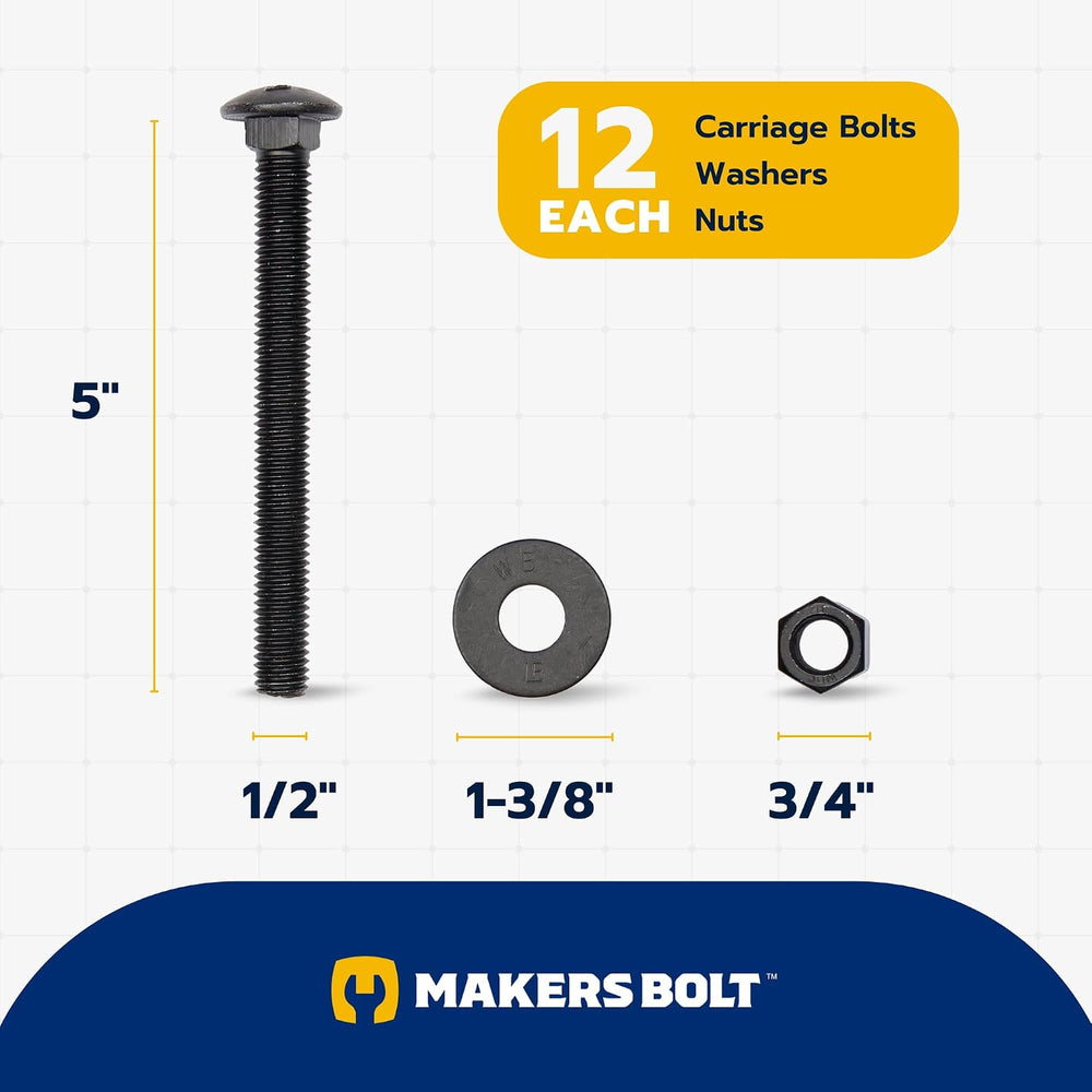 1/2 in. x 5 in. Black Carriage Bolt Kit Includes 12 Bolts, 12 Washers, and 12...