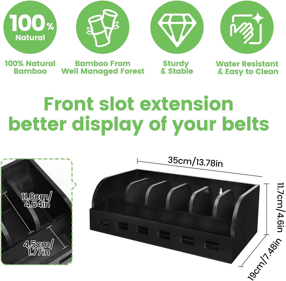 Large Adjustable Bamboo Belt Organizer Box, 6 Grids Belt Rack (Black)