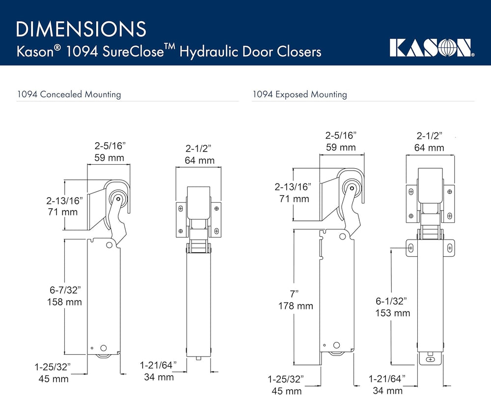 Kason 1094 SureClose Hydraulic Door Closer and Hook, Exposed Mounting, Adjust...