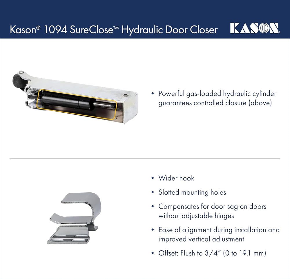 Kason 1094 SureClose Hydraulic Door Closer and Hook, Exposed Mounting, Adjust...