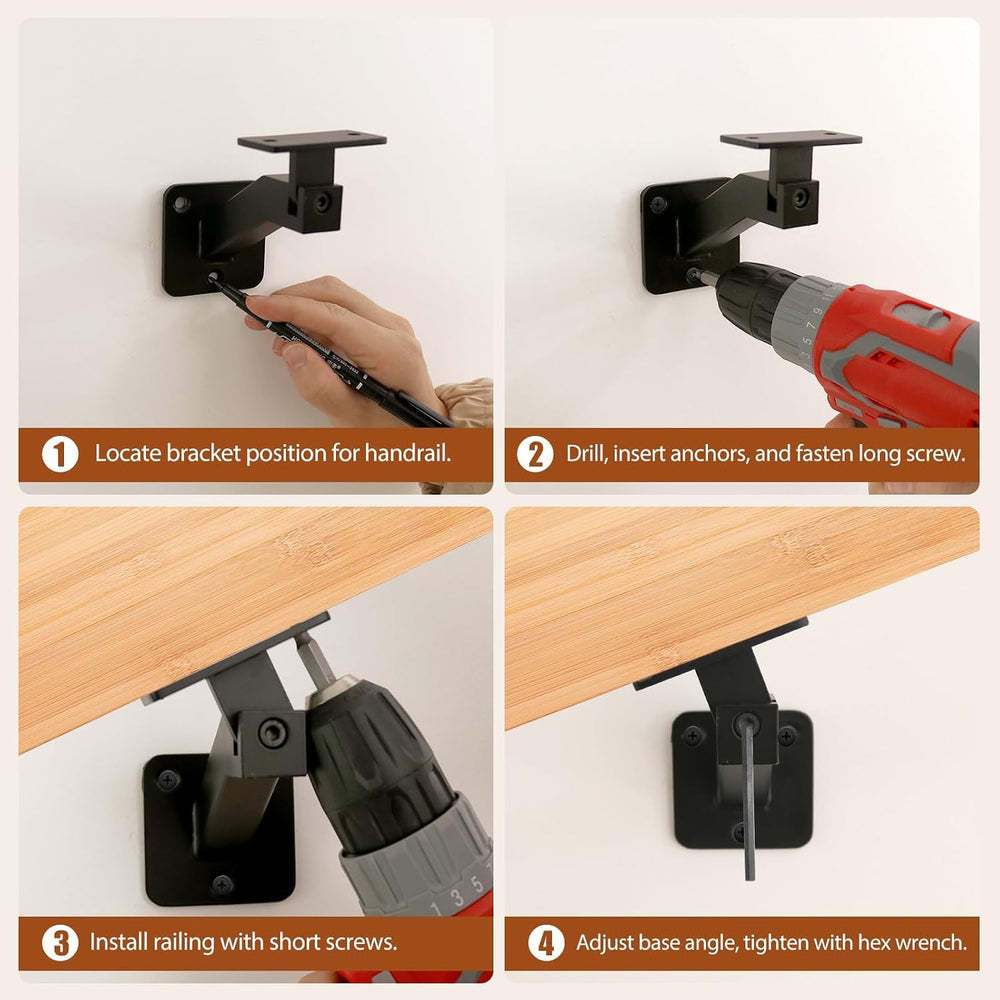 Adjustable Handrail Brackets, 6 Pack Black Swivel Hand Rail Brackets