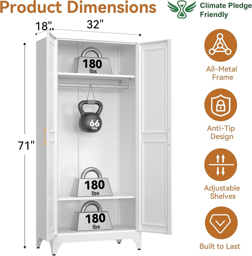 71" Metal Armoire Wardrobe Closet with Doors and Adjustable Shelves