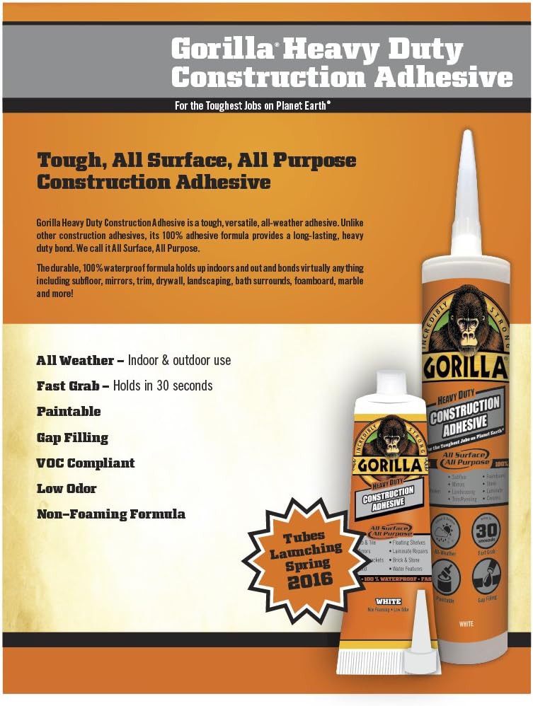 Gorilla Heavy Duty Construction Adhesive, White Glue, 9 Ounce Cartridge - Gap...