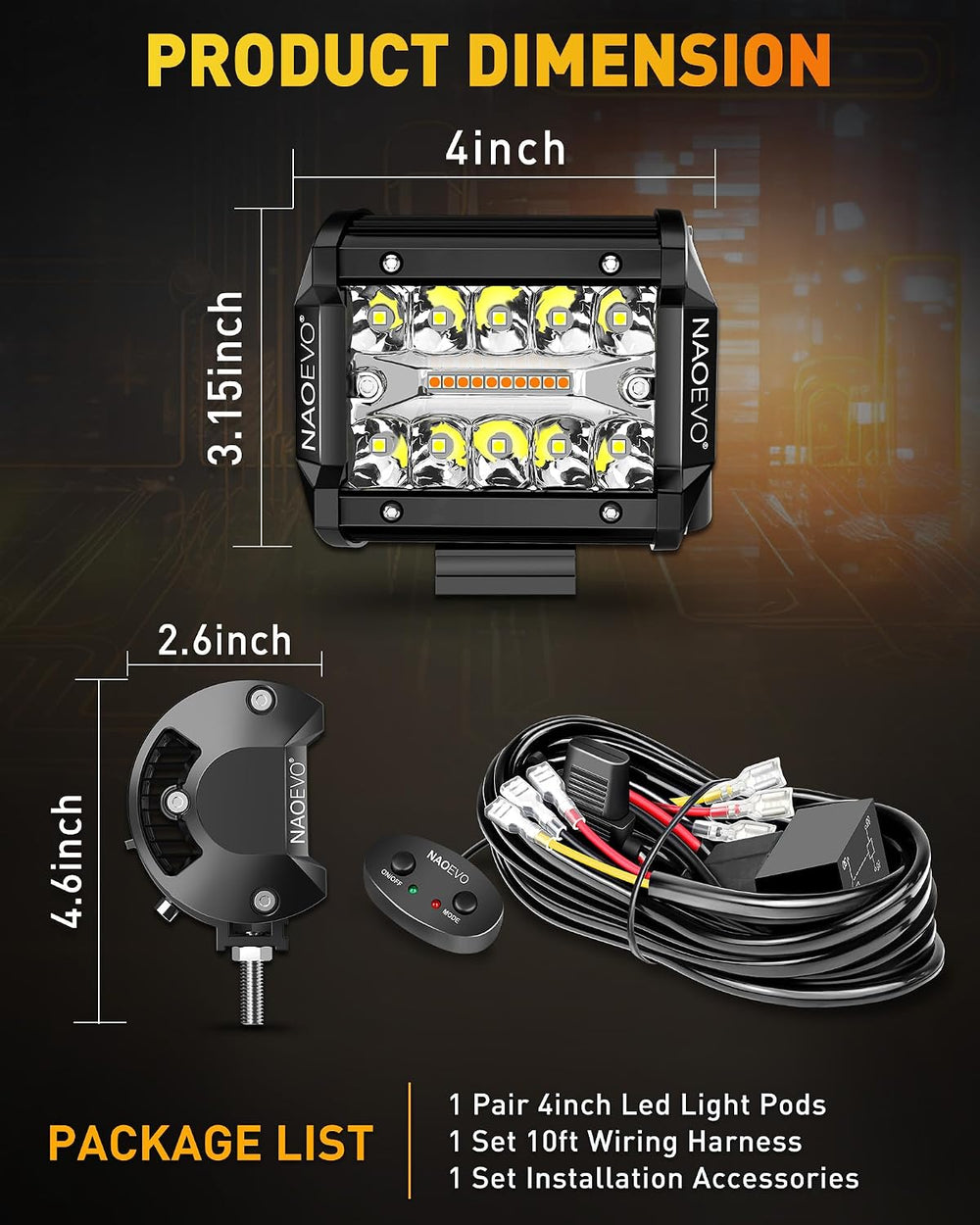 NAOEVO 4 Inch LED Pod Lights, 6-Mode LED Strobe Lights with 2-Lead Harness